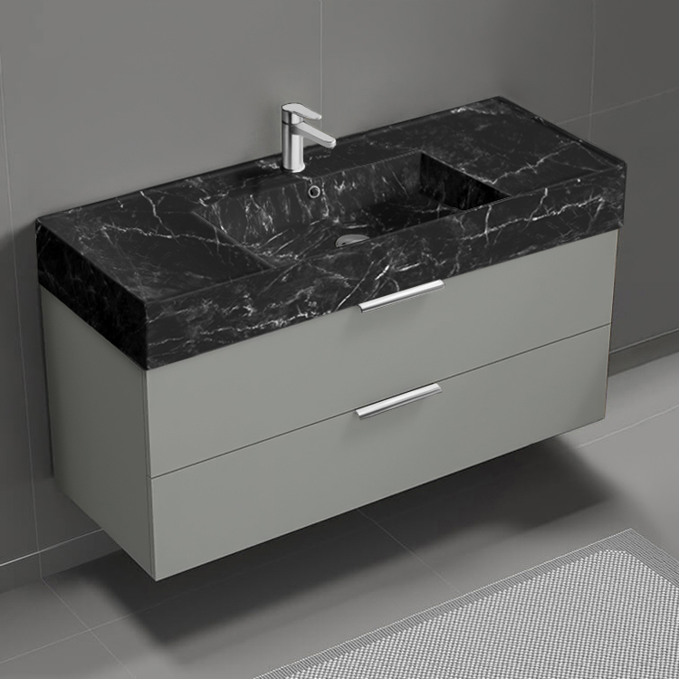 Bathroom Vanity Floating Bathroom Vanity, Modern, 48 Inch, Black Marble Style Sink, Chrome Handles Nameeks DERIN943